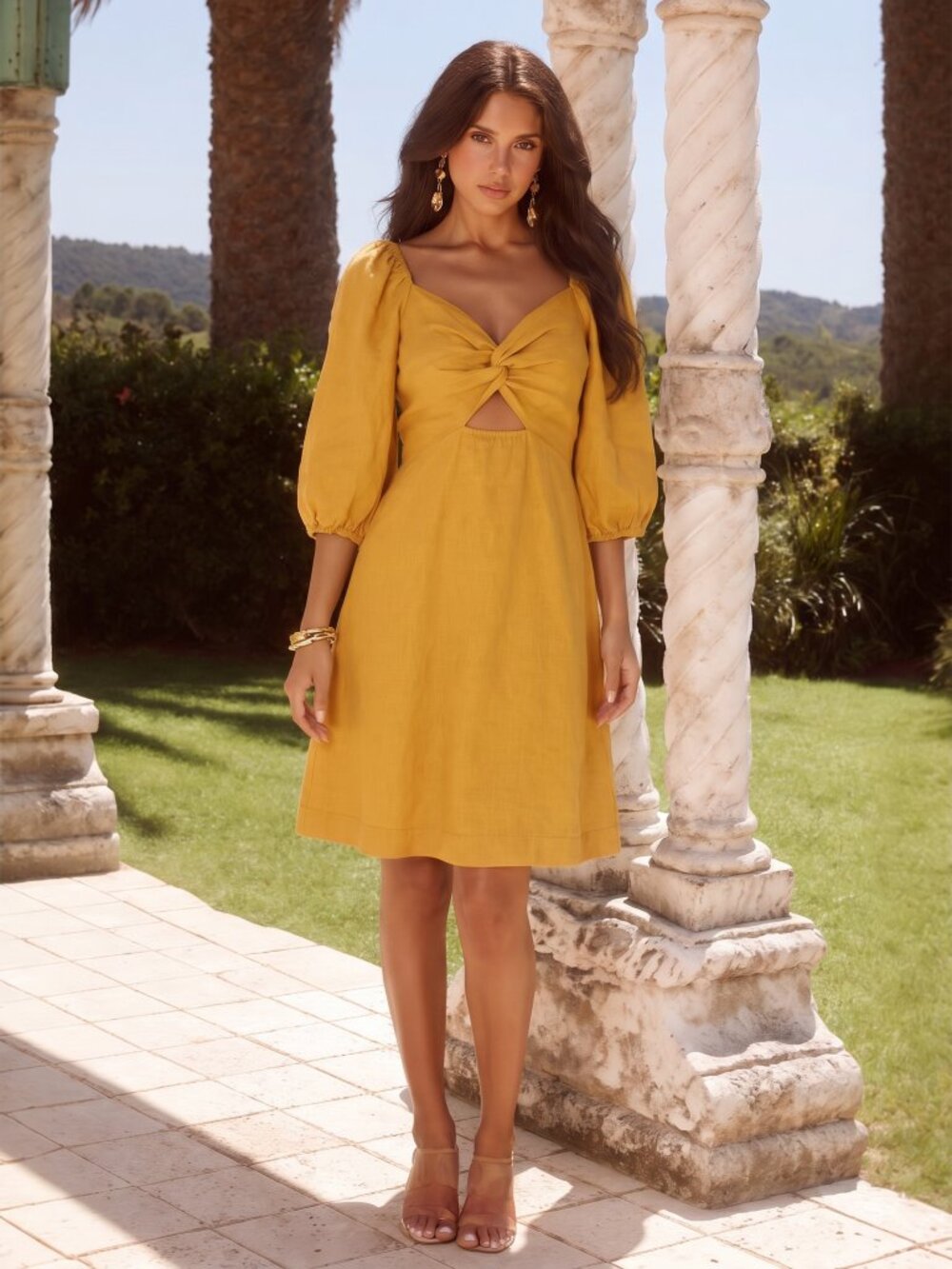 LOFT Beach Mustard Yellow Twist-Front Puff Sleeve Dress